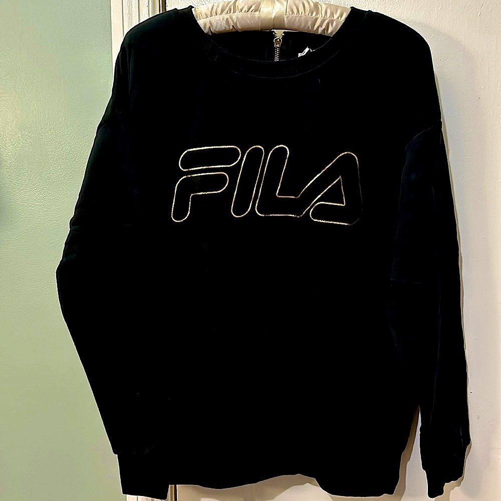 EUC Fila women’s black crew neck sweater full back length gold zipper Sz XL